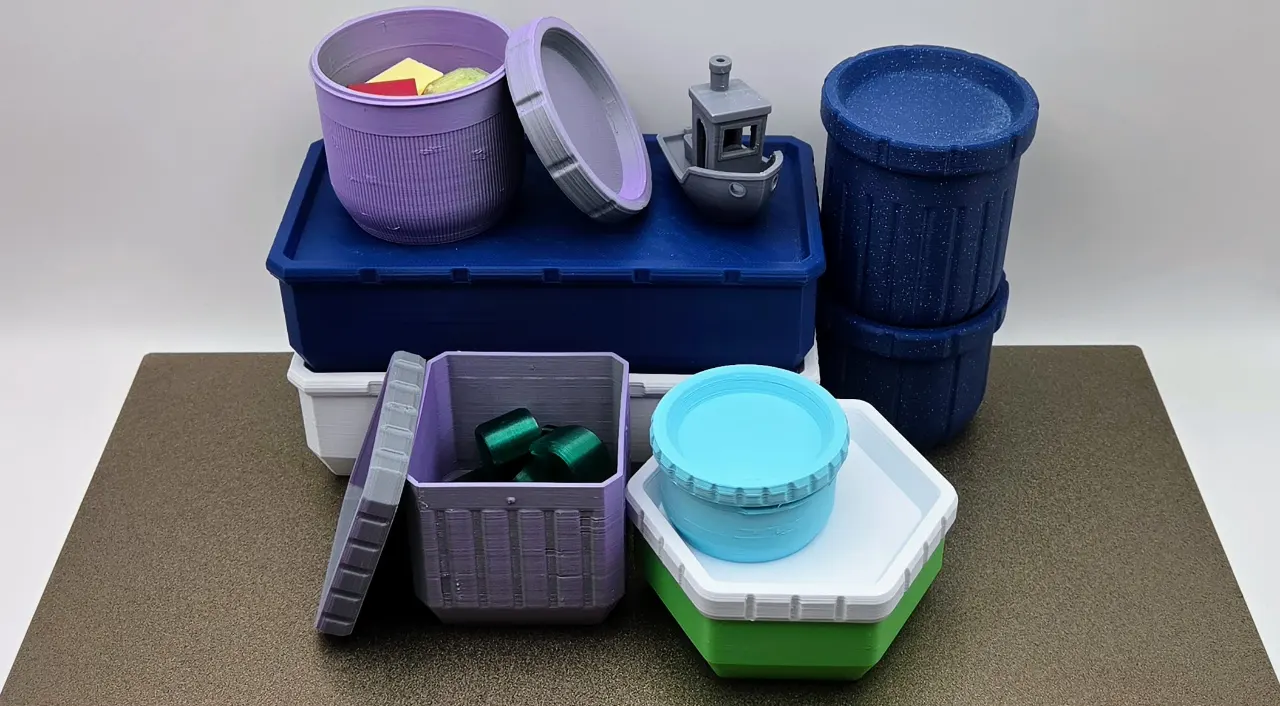 A render of a hexagon shaped 3d printed box with a simple square pattern with dots on the faces