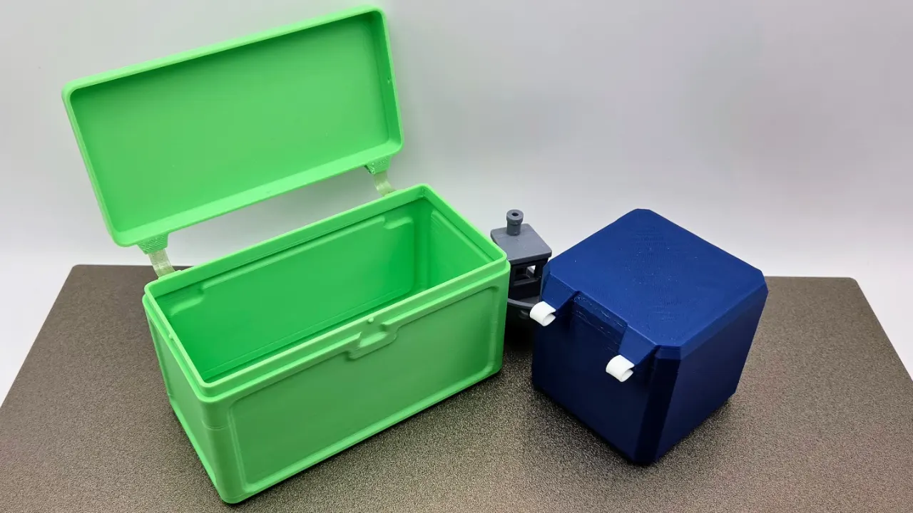 A photo of a 3d printed customizable magnetic base square shaped scrap bin featuring a screw on lid and TPU gasket