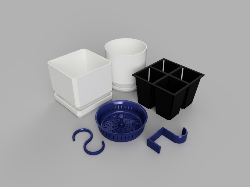 A render of 3d printed home and personal goods such as a sink strainer, flower pot, and customizable hooks