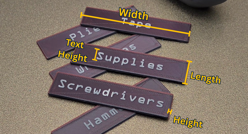 Details of the customizable parameters of a 3D printed text plate