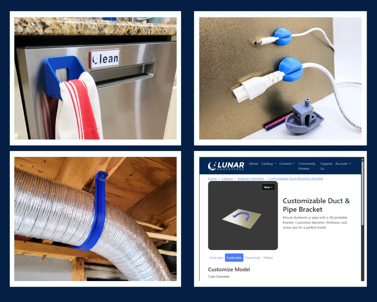 Collage of practical Lunar Prototypes designs including adapters, repair parts, cable management, and organization.