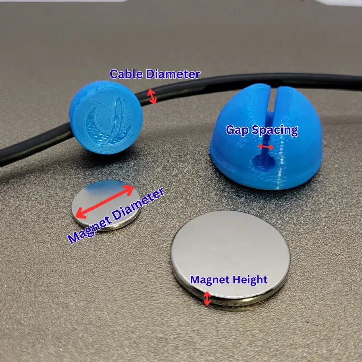 The parameter details of a 3D printed customizable magnetic cable holder.