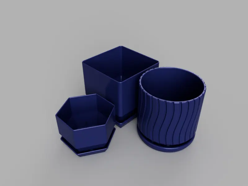 3D renders of stylized 3D printable planter designs