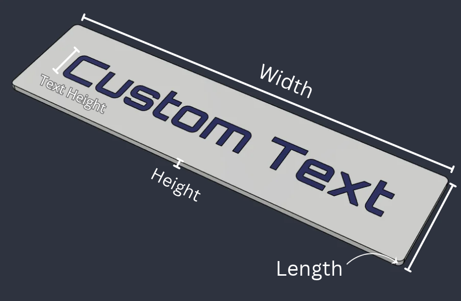 A render including parameter details of a customizable 3D printed text plate.
