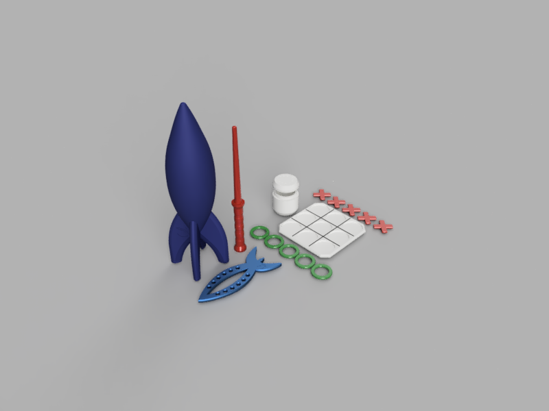 A render of 3d printed toys and games such as rockets, magic wands, and tic tac toe board