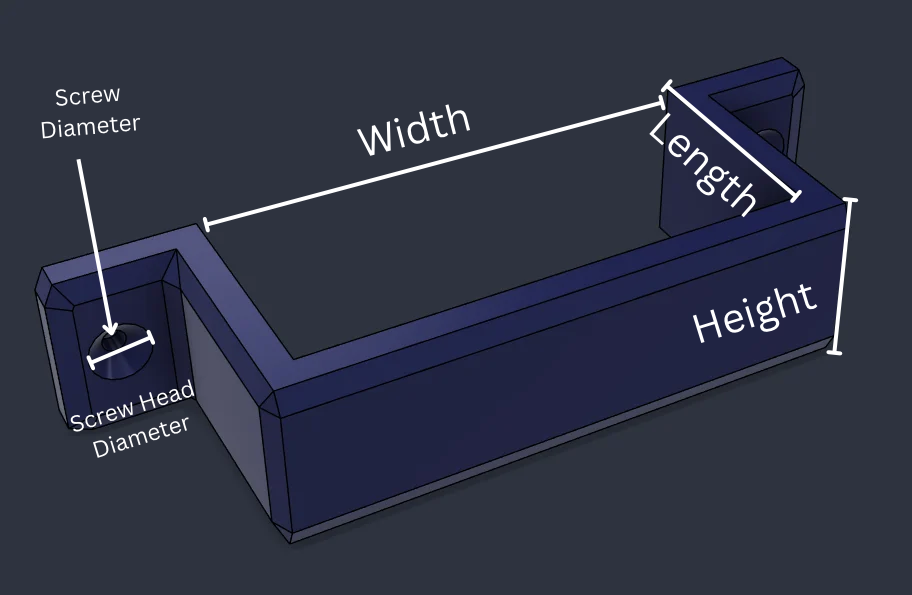 A render of a 3D printable U bracket showing the details of the customizable parameters.
